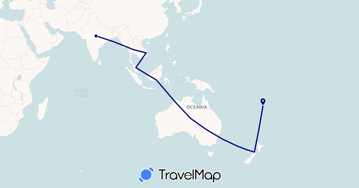 TravelMap itinerary: driving in Australia, Fiji, Indonesia, India, Malaysia, New Zealand, Thailand, Vietnam (Asia, Oceania)